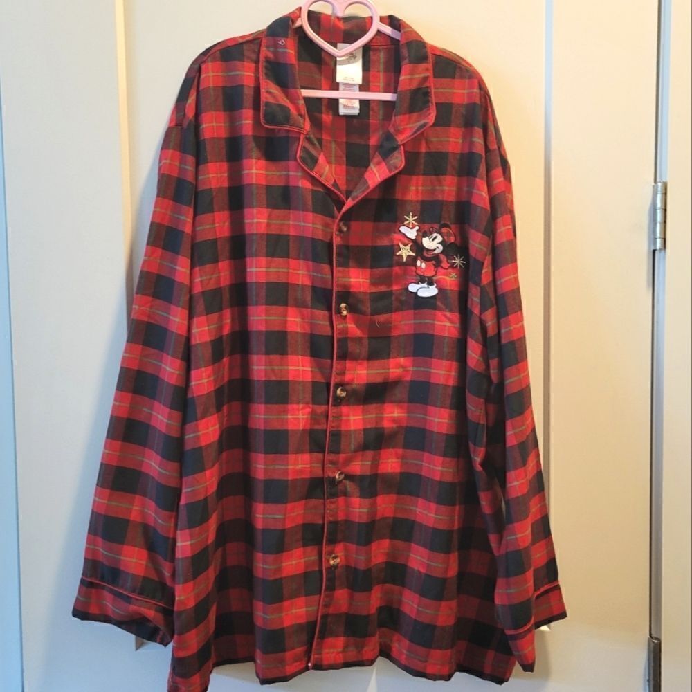 Disney Store Mens Mickey Mouse Embroidered Pajama Shirt Plaid Red XL